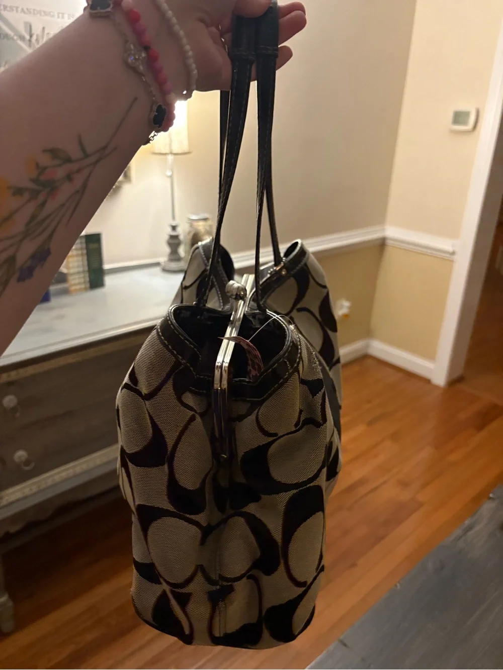 Coach Black and Cream Signature Tote with Leather Trim Y2K vintage
